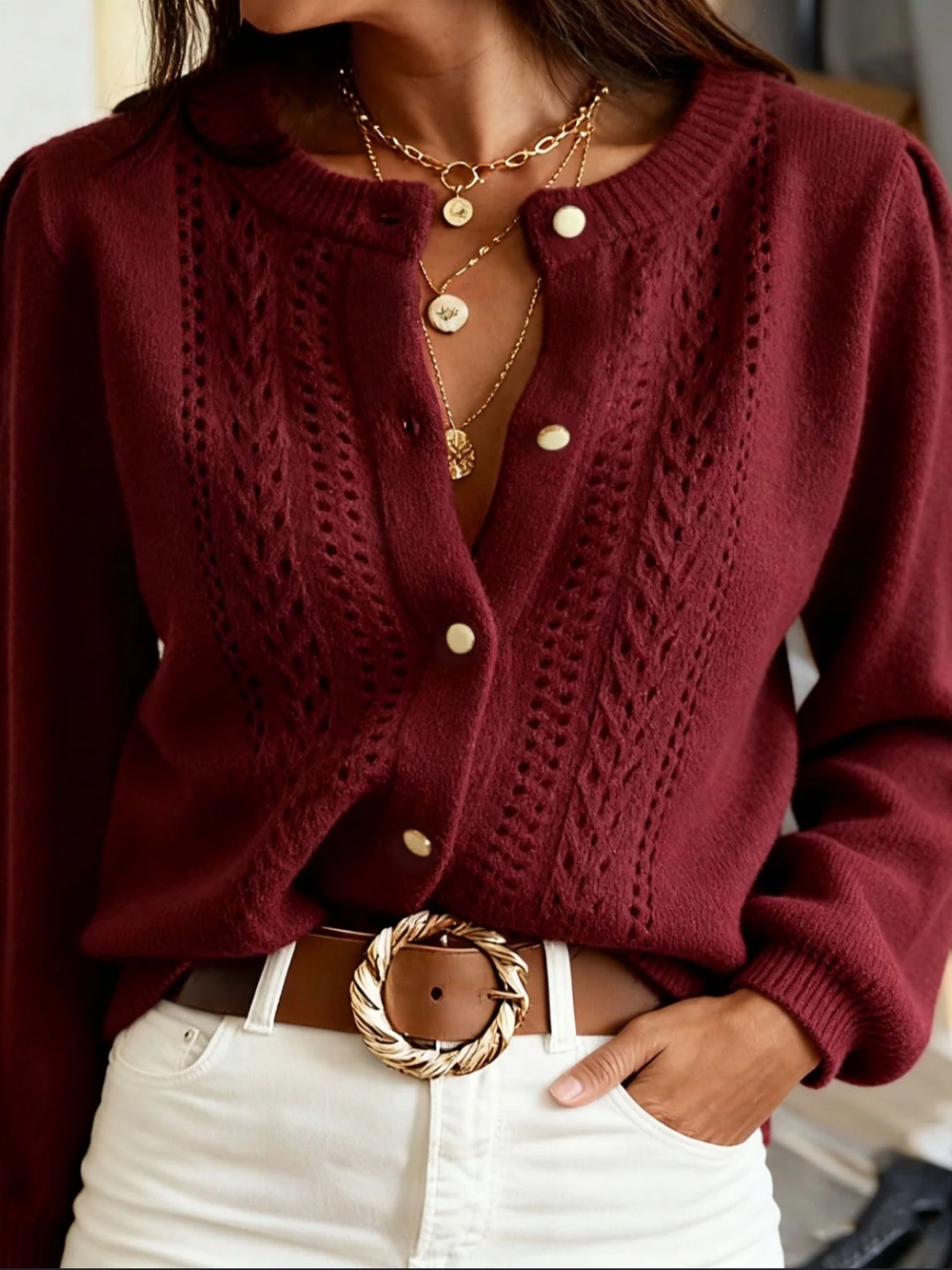 New Rihoas Wine Red Round Neck Casual Knit Cardigan Size Medium $41